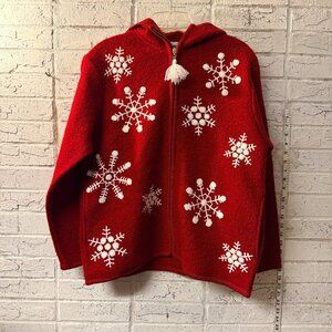 ❄️ Lisa International 100% Boiled Wool Red Zip-Up Snowflake Hoodie Jacket – M